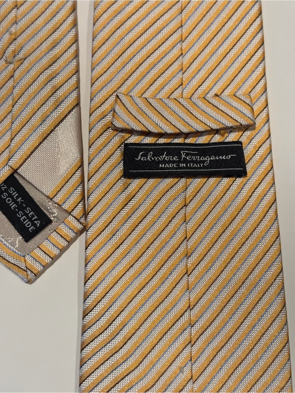 Salvatore Ferragamo Yellow and White Striped Silk Tie
